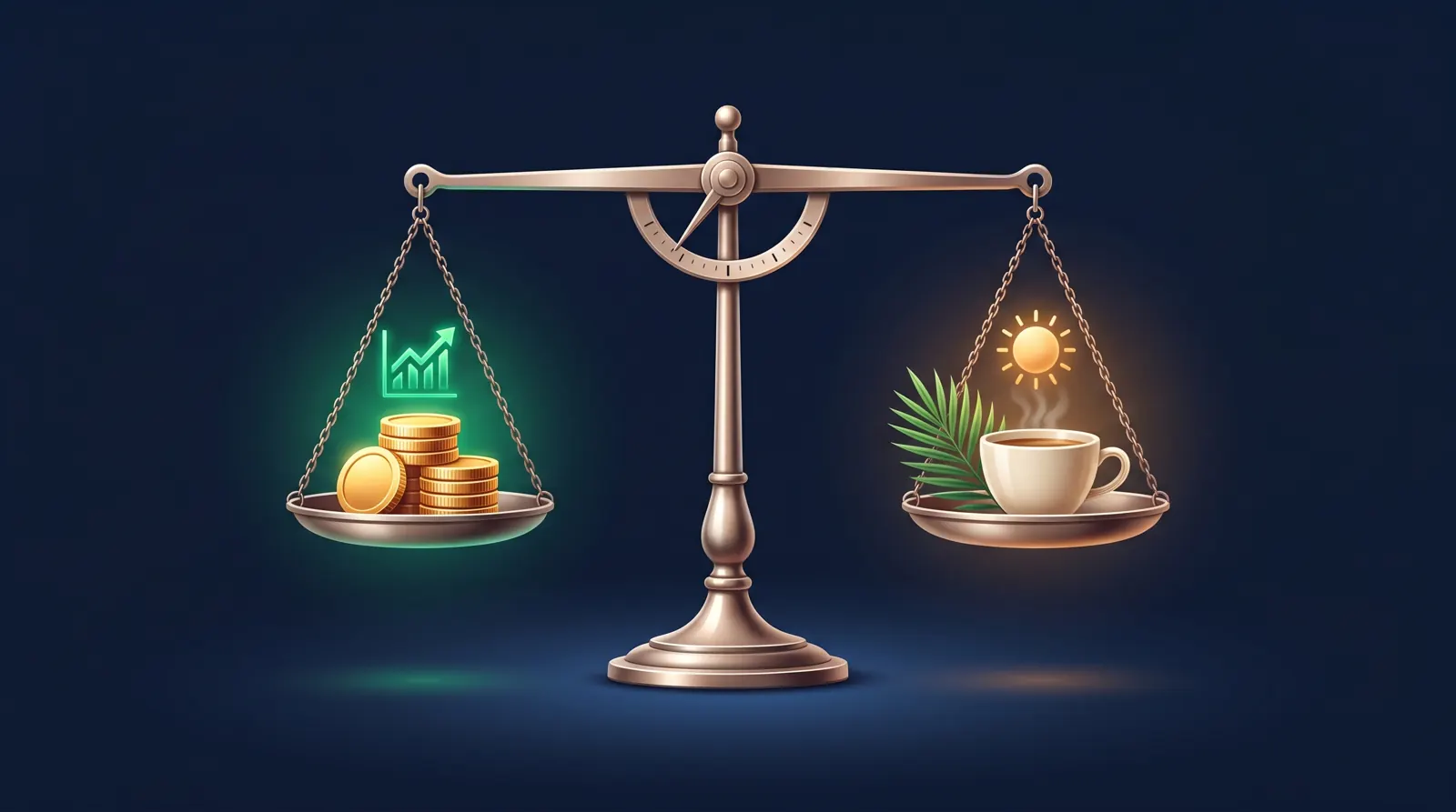 What Is a Barista FIRE Calculator — And How to Find Your Semi-Retirement Number Balance scale with portfolio investment icons on one side and lifestyle leisure items on the other — Barista FIRE semi-retirement equilibrium concept