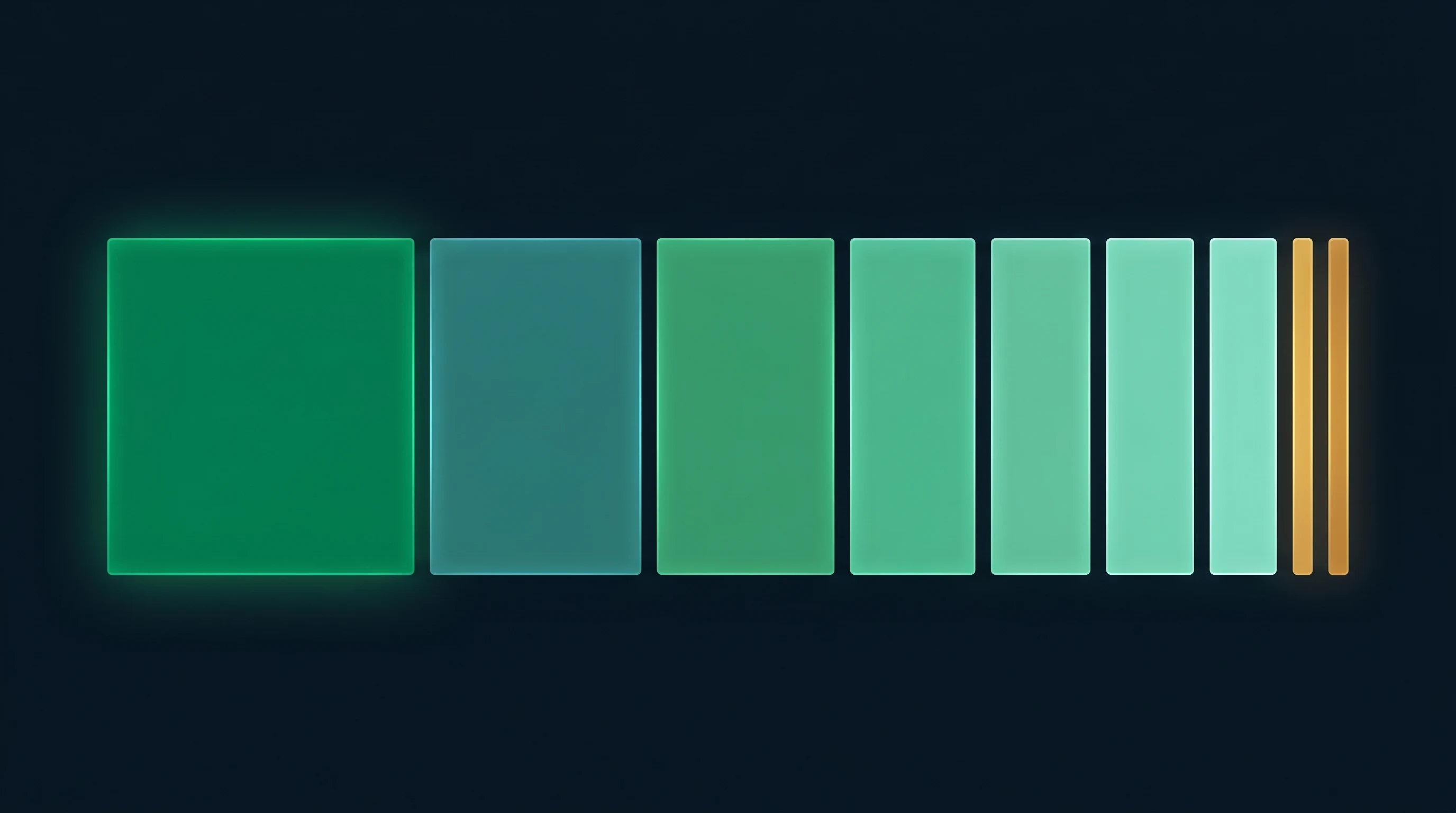Portfolio position sizing visualization showing allocation blocks of decreasing width — largest core positions in emerald on the left, smallest speculative slivers in amber on the right