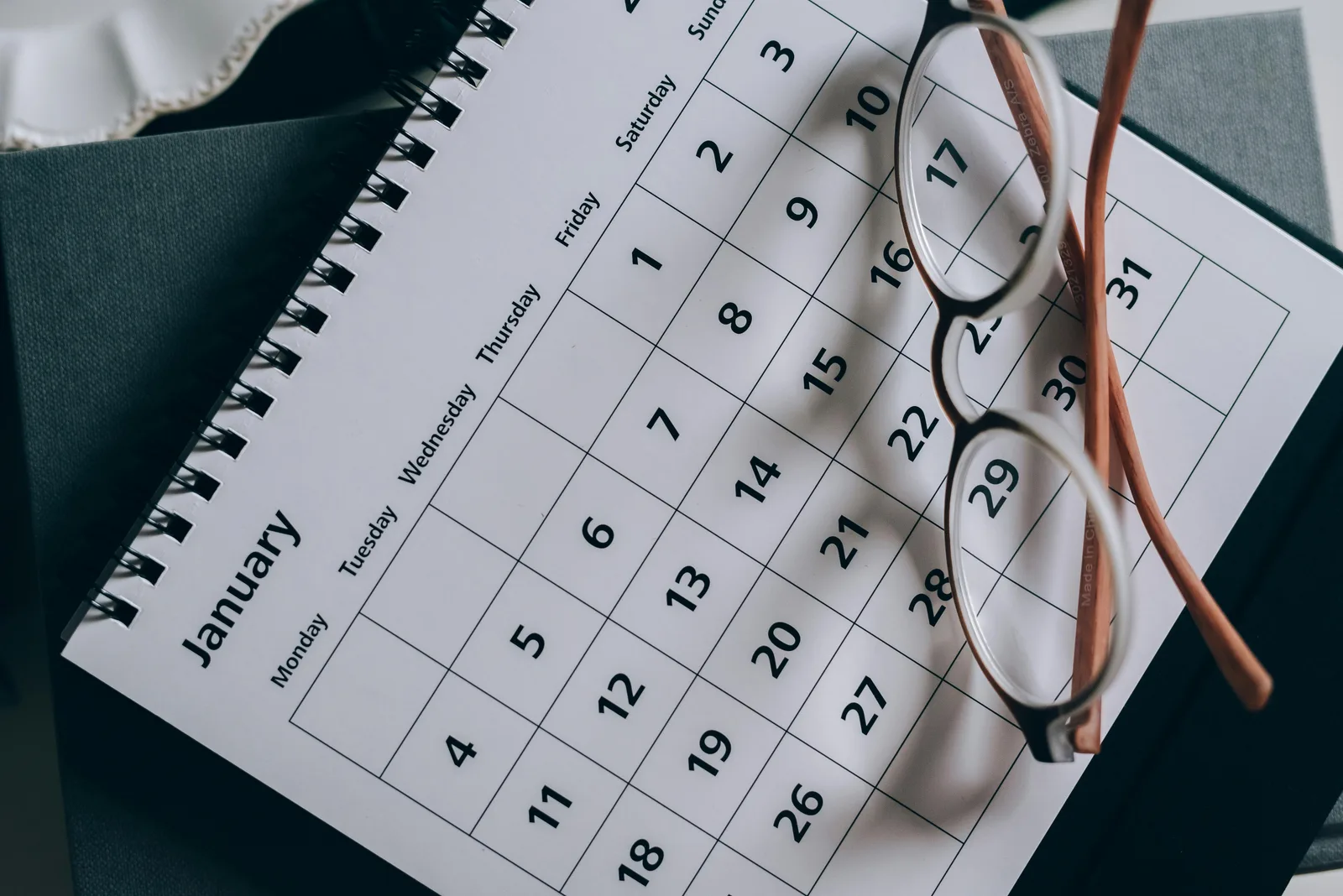 A calendar with reading glasses — representing the future years of cash flow that a DCF discounts back to present value using WACC as the discount rate