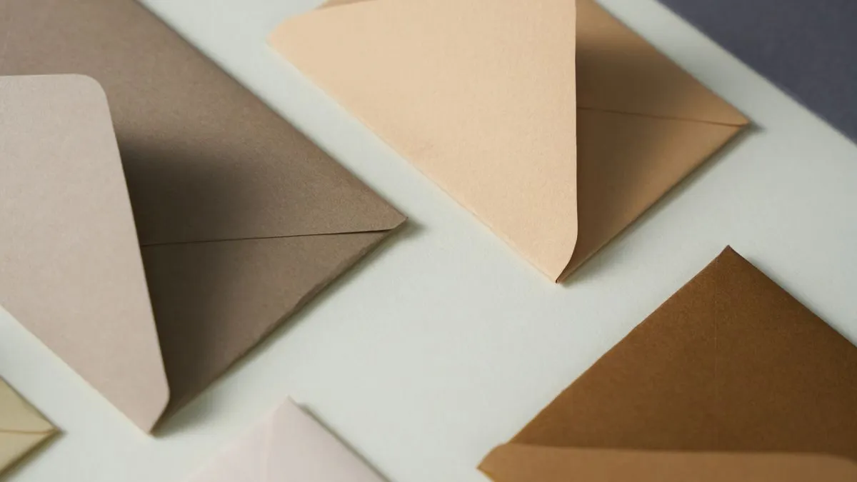 FIRE in France: PEA, assurance vie or PER? Paper envelopes in shades of beige, brown and grey arranged flat on a pale surface.