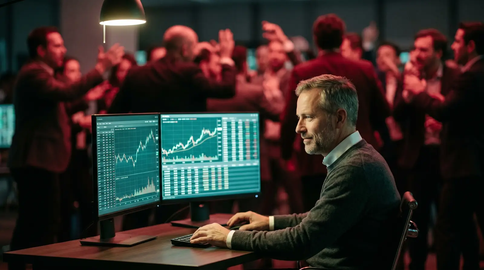 Calm rational investor at a desk studying financial charts while a blurred panicking crowd appears in the red-toned background — contrarian investing concept