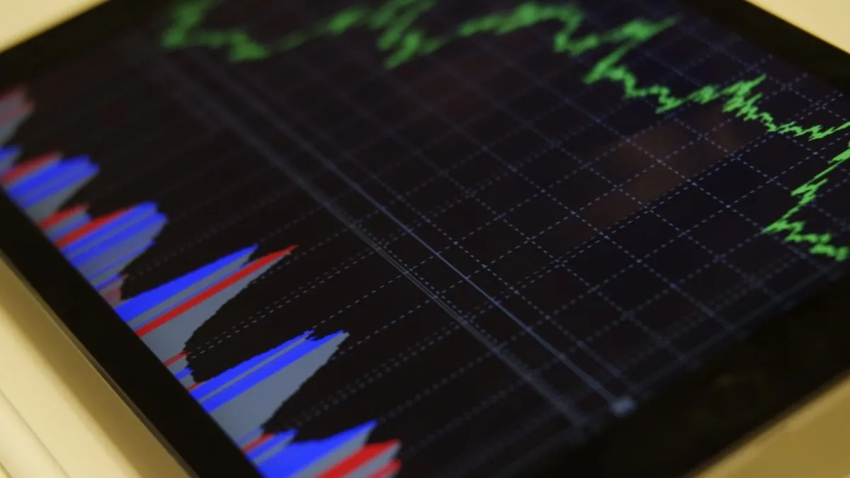 Entnahmeplan: warum die Reihenfolge der Renditen zählt A tablet lying on a desk displays a jagged green market line above blue and red volume bars.