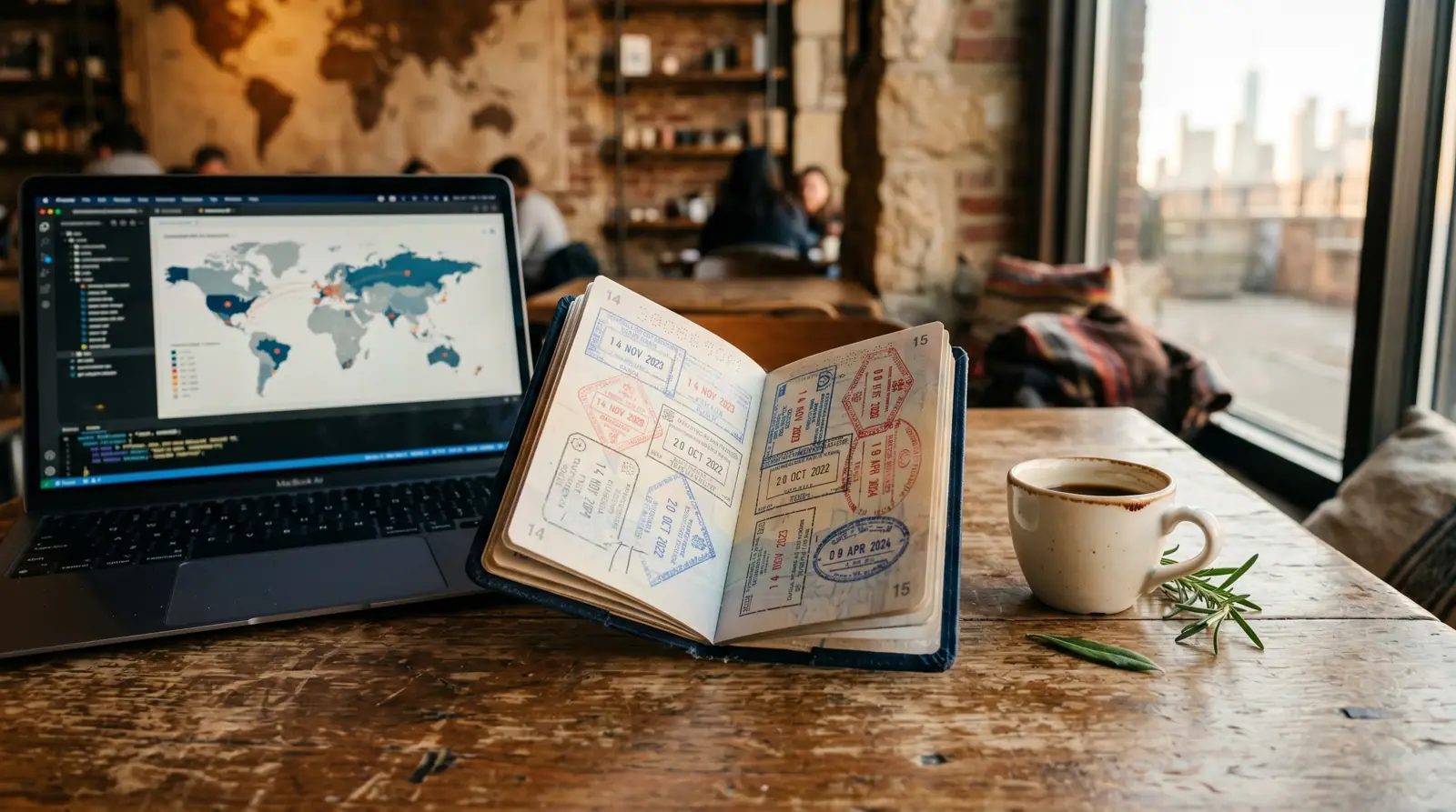 Open expat passport with multiple visa stamps on a cafe table next to a laptop showing a global map dashboard — digital nomad working abroad
