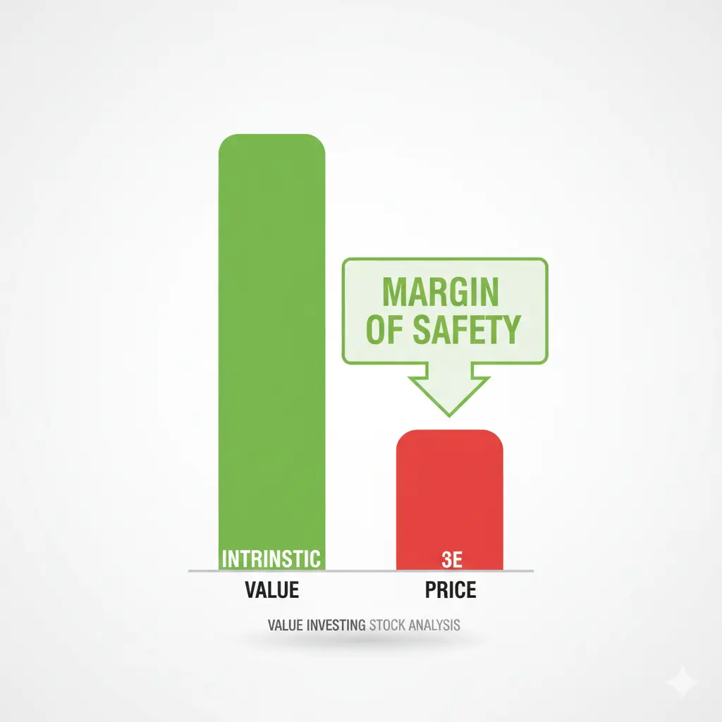 Margin of safety calculator — intrinsic value vs stock price gap showing buy/hold/sell verdict